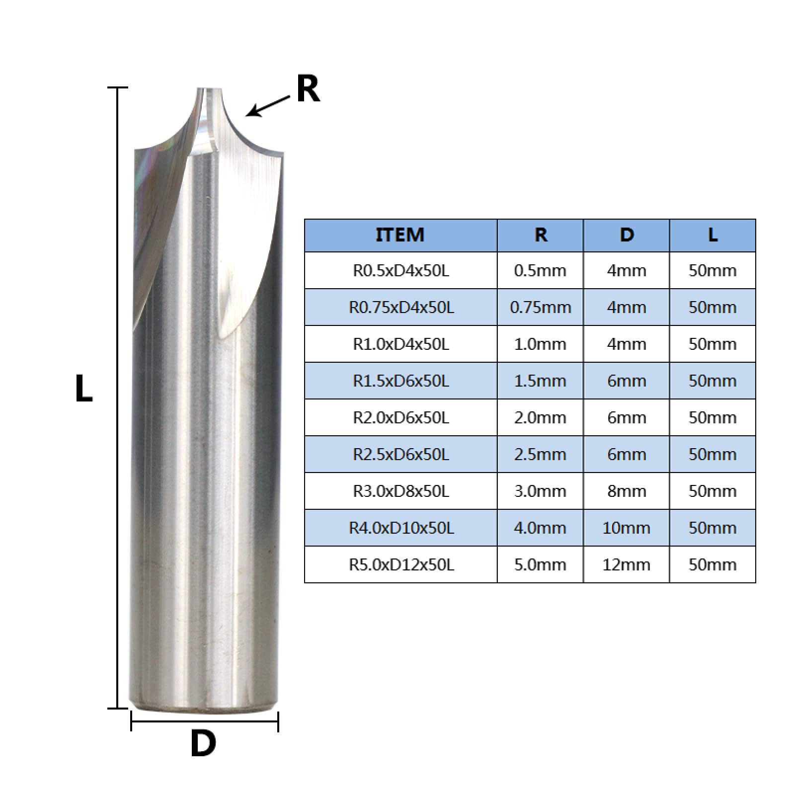 Foret Mèche Fraise à arrondir ronde sur fraise en bout fraise en carbure de tungstène pour outil de fraisage de rayon de Machine CNC,R2.0xD6x50L