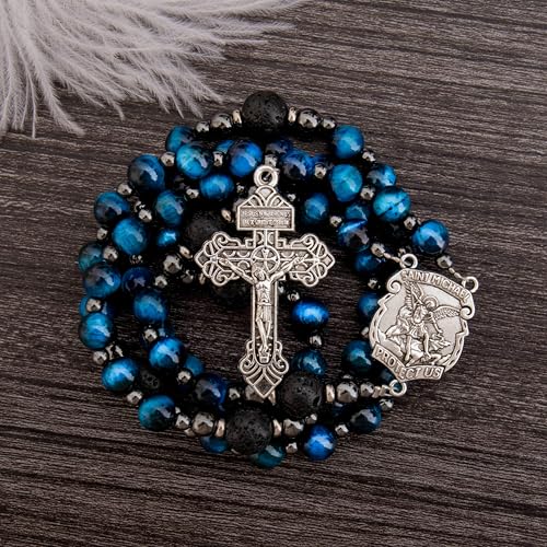 Nazareth Store Blue Tiger's Eye Rosary Beads for Men, Catholic Rosary Necklace with Lava Mystery Beads, Strong Rosary Cross Necklace in Portable Gift Box2