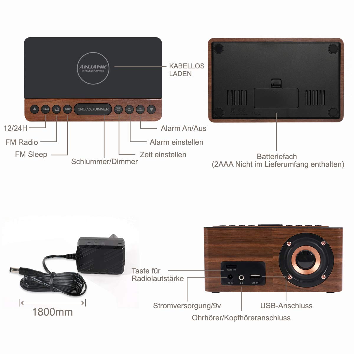 ANJANK Holz Digitaler Radiowecker mit Kabelloser Ladestation, Qi Fast Wireless Charger for iPhone/Samsung Galaxy,LED Display mit 5-stufiger Dimmer,9 Alarmtöne,USB Ladeanschluss,Uhrenradio,ohne Ticken