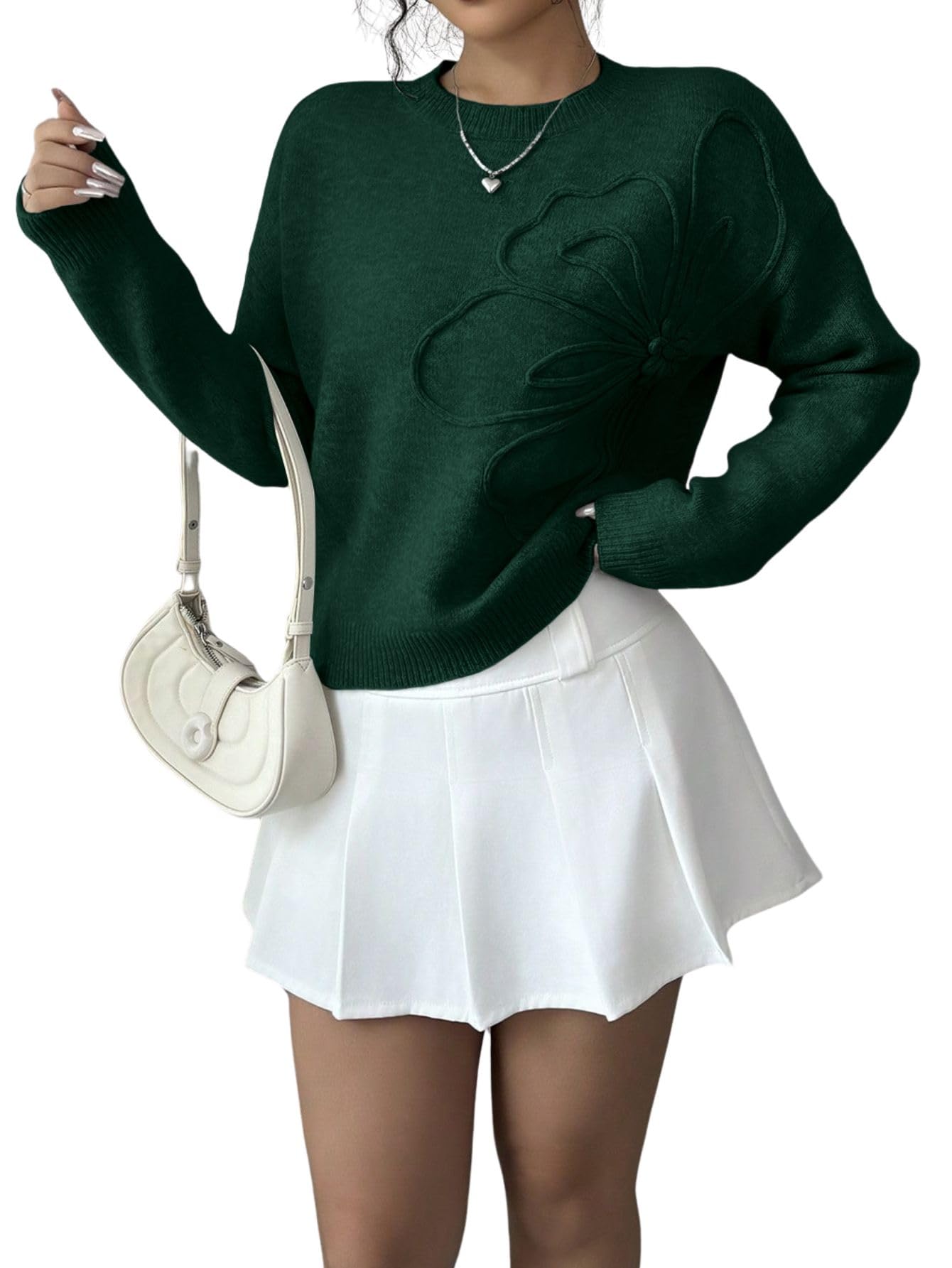 Verdusa Womens Fall 3D Flower Appliques Crewneck Sweaters Long Sleeve Drop Shoulder Pullovers Elegant Knit Tops Dark Green