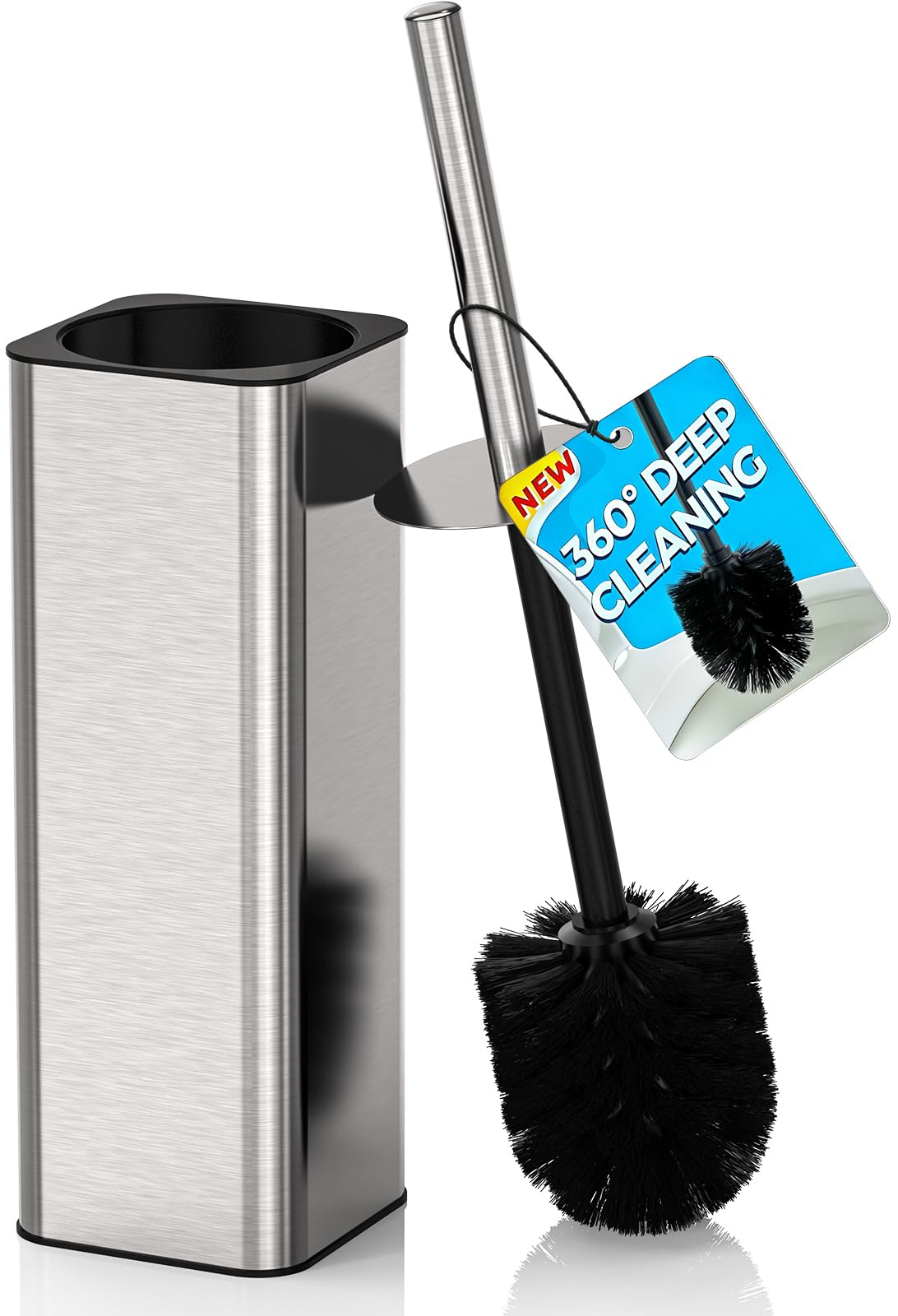 DOWRY Escobilla de inodoro y soporte para baño, color plateado | Juego de escobilla de inodoro y soporte de acero inoxidable 304 con mango largo oculto con 2 cabezales