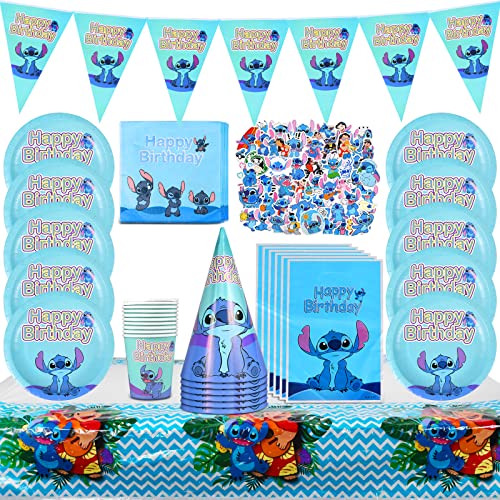 Forhome 108 Unidades de decoración para cumpleaños Infantiles de Lilo Stitch, Accesorios para Fiestas, Platos, Vasos, servilletas, banderines para 10 Invitados Cover