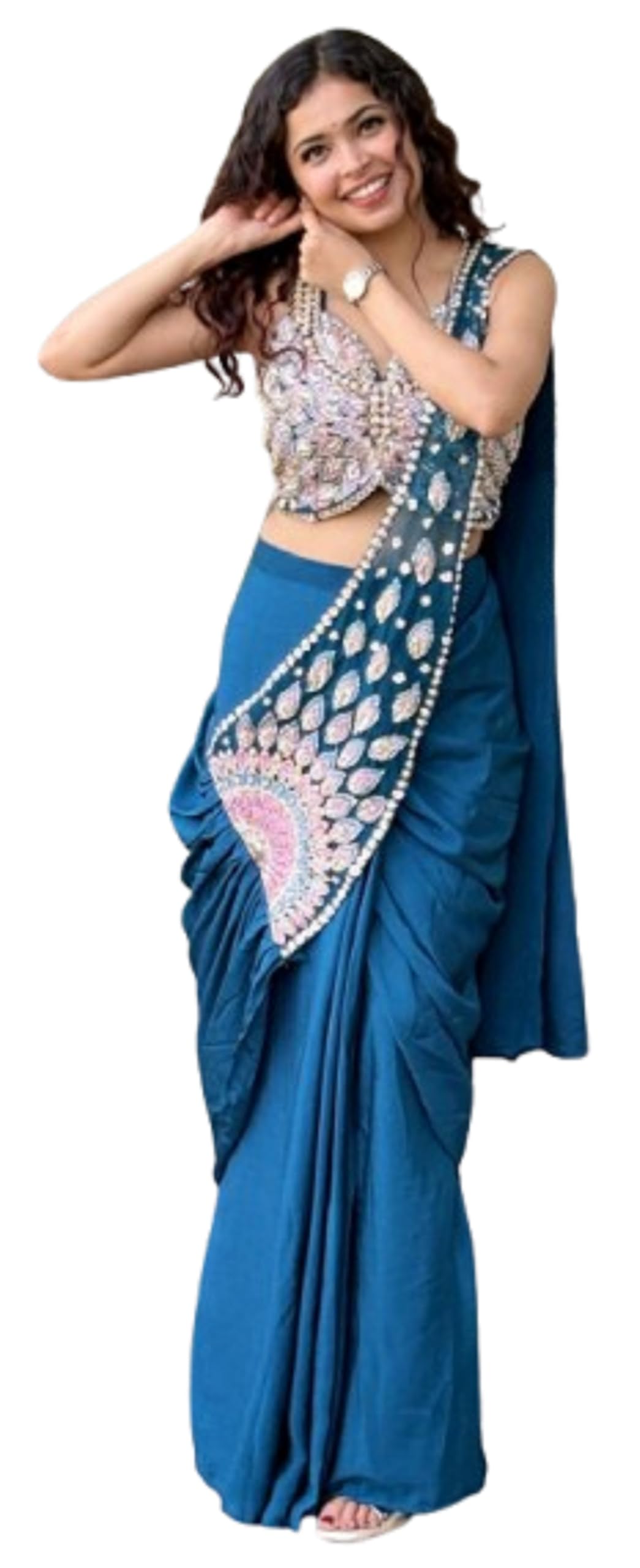 LUXE VIBE Saree For Womens Heavy Crepe Silk Saree with Embroidery Sequins & Cording Work With Full-Stitched Koti Jacket Set for Women Ready to Wear Blue-image-37
