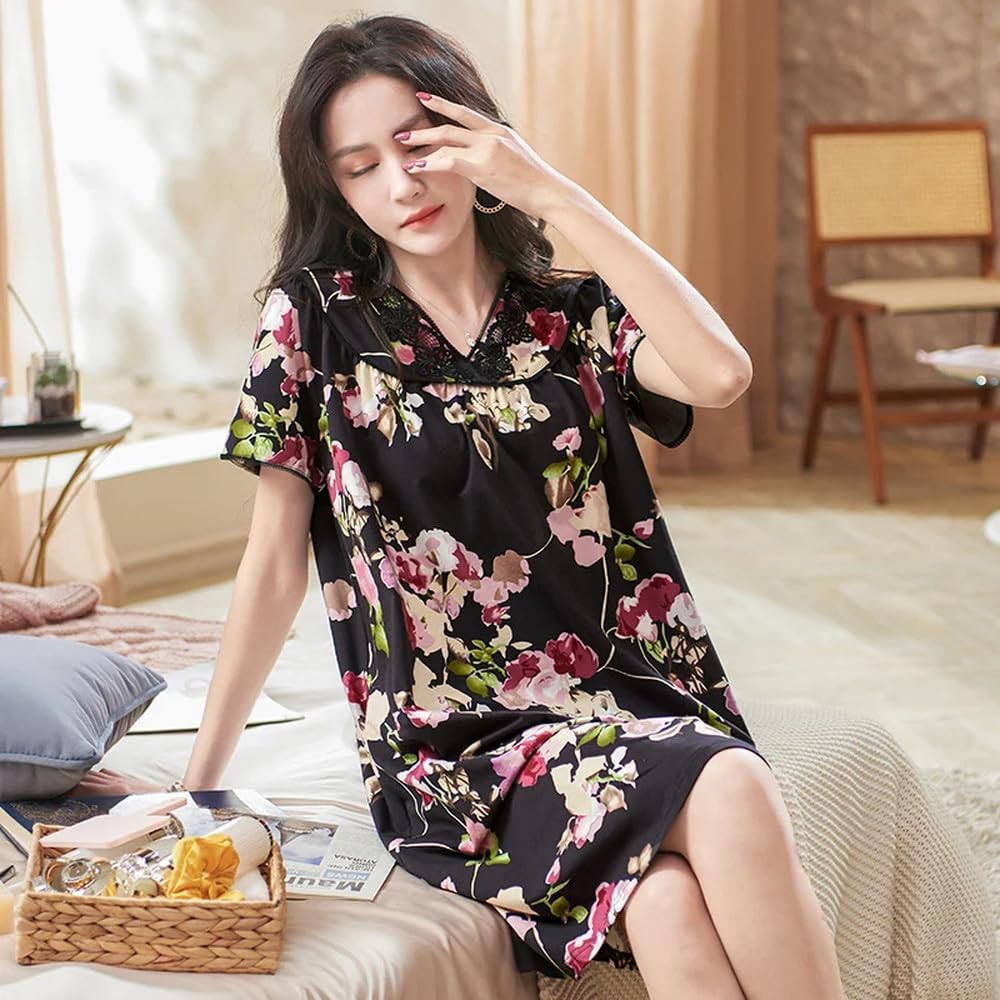 Camicia da Notte Donna - Camicie da Notte Floreali da Donna Stampa in Morbido Cotone Femminile Indumenti da Notte Lunghi in Pizzo con Scollo A V Manica Corta Estiva per La Casa