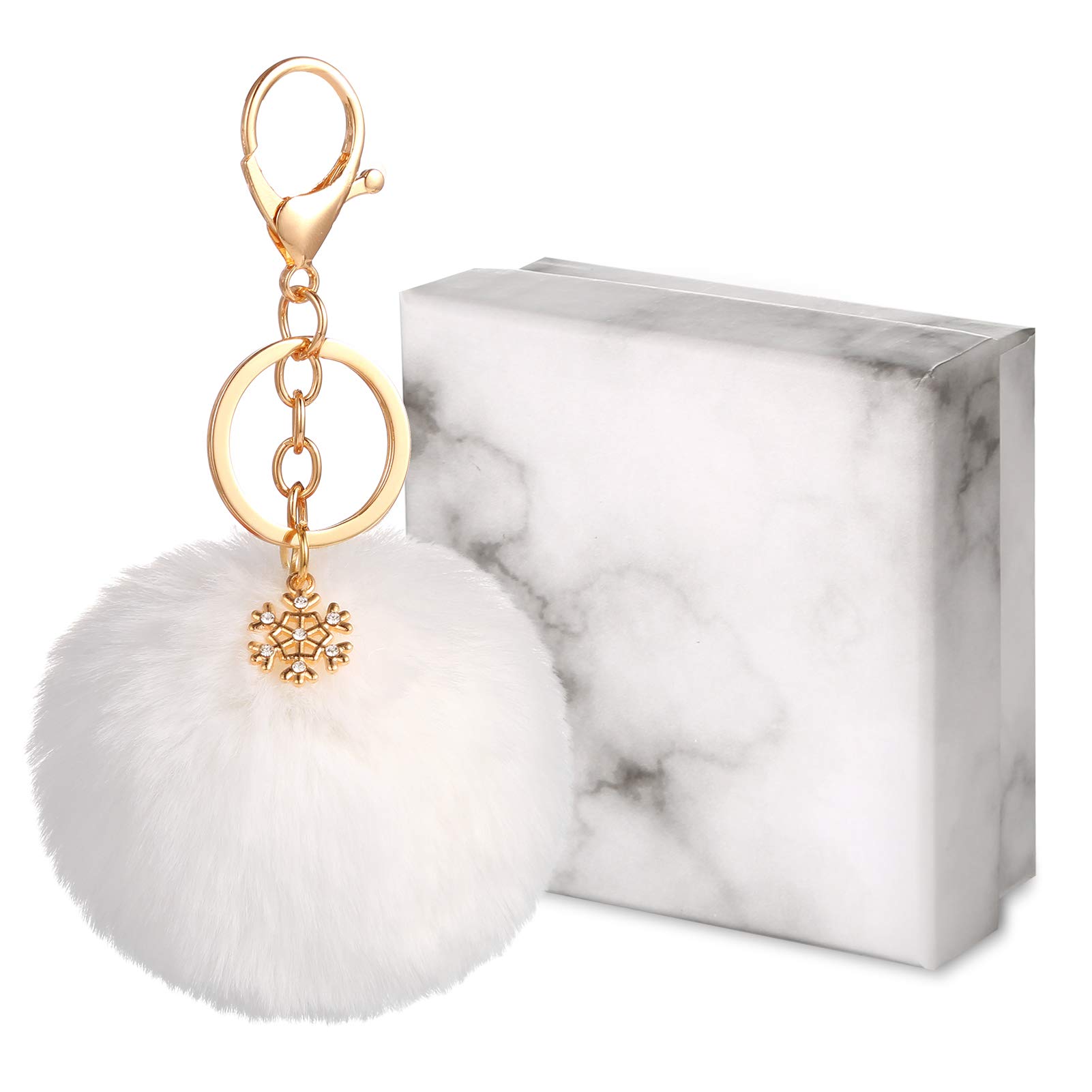 Auihiay 3.2 Inch Pom Poms Keychain Fluffy Balls Keychain with Snowflake Pendant for Girls Women Car Bag Accessories (White)