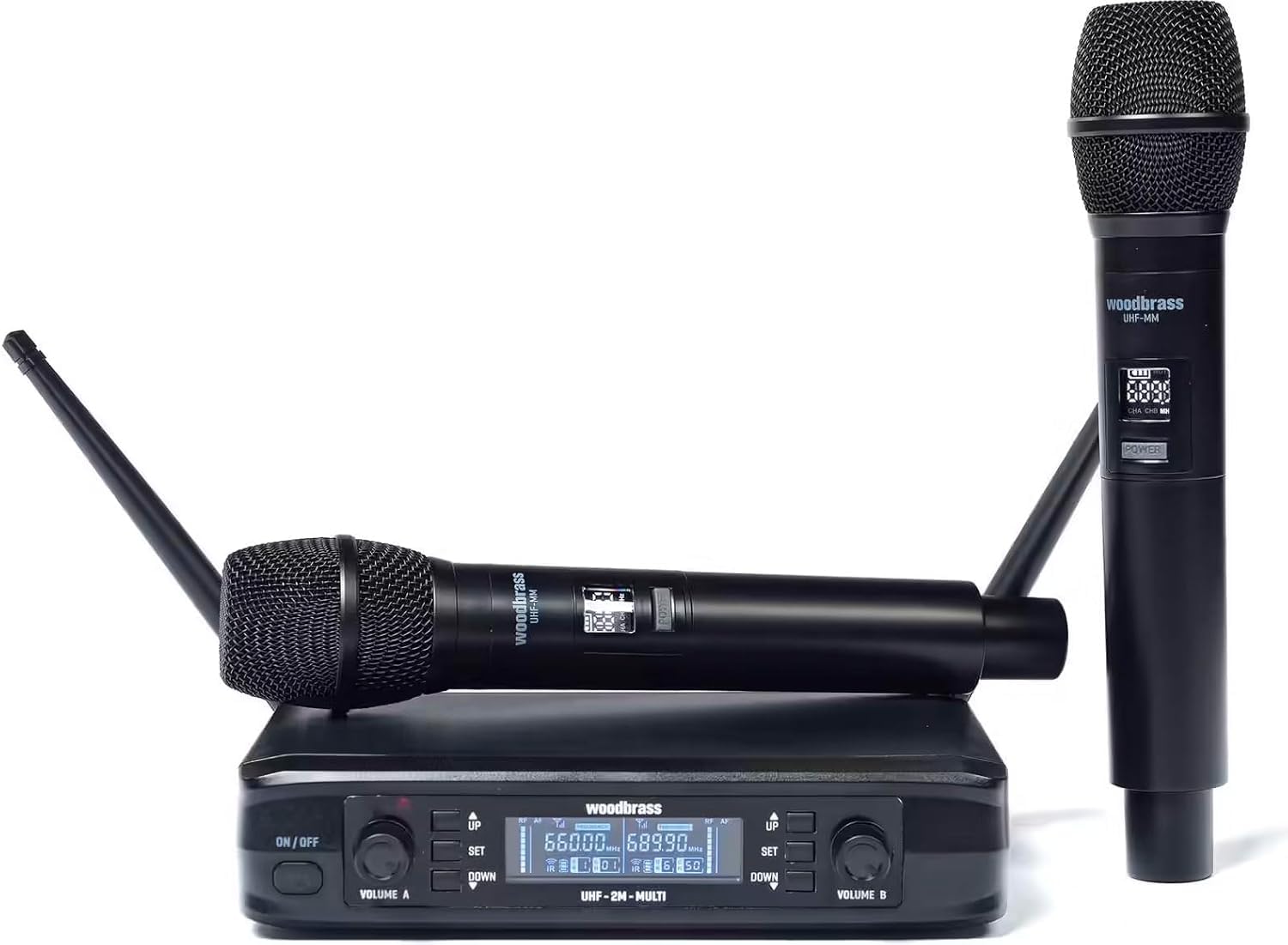 WOODBRASS Microfono senza fili sistema 2 x micro UHF multi frequenza, portatile microfono a mano per karaoke, professionisti, dj, animazione, matrimonio, conferenza (UHF-2M-MULTI)