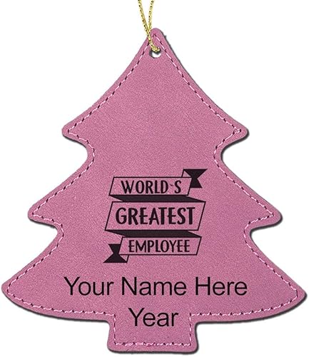 LaserGram Personalized Christmas Ornament, World's Greatest Employee, Faux Leather, Custom Laser Engraved Gift Idea (Tree Shape, Pink)