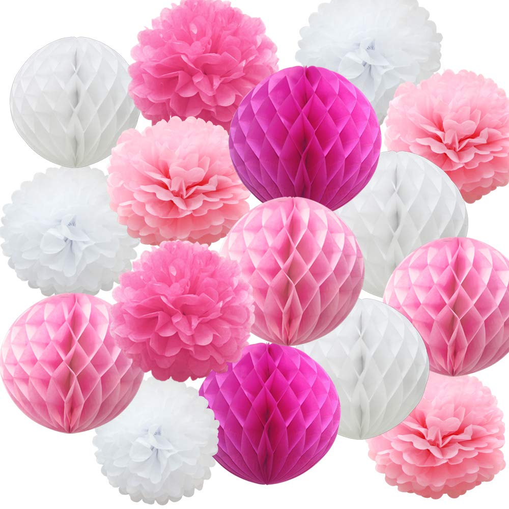 Time To Sparkle Balls-Pink Shade 16 Pack Mix Tissue Paper Pompoms Honeycomb Balls Pom Poms Table Garland Wedding Party Decoration (Balls-Pink Shade)