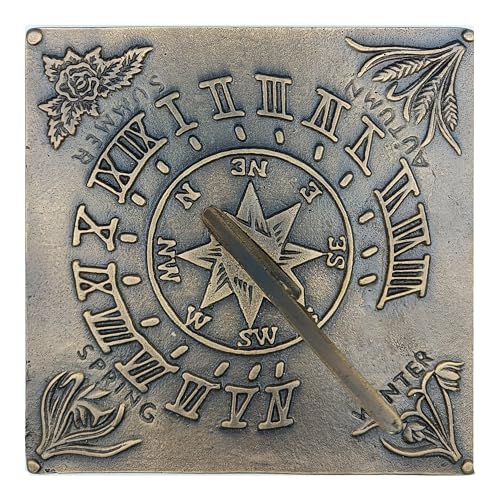Anatolica Brass Sundial Plate, Square 7 inches, Featuring the Four Seasons, Unlacquered Finish (Antique Bronze)