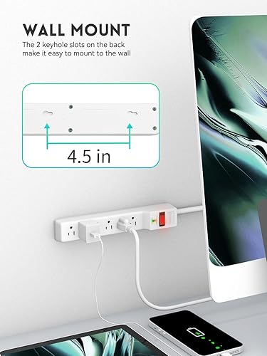 Miniatura 6 de Paquete de 2 protectores de sobretensión (980 julios), regleta de alimentación de enchufe plano, cable de extensión de 4 pies con múltiples tomas, 6