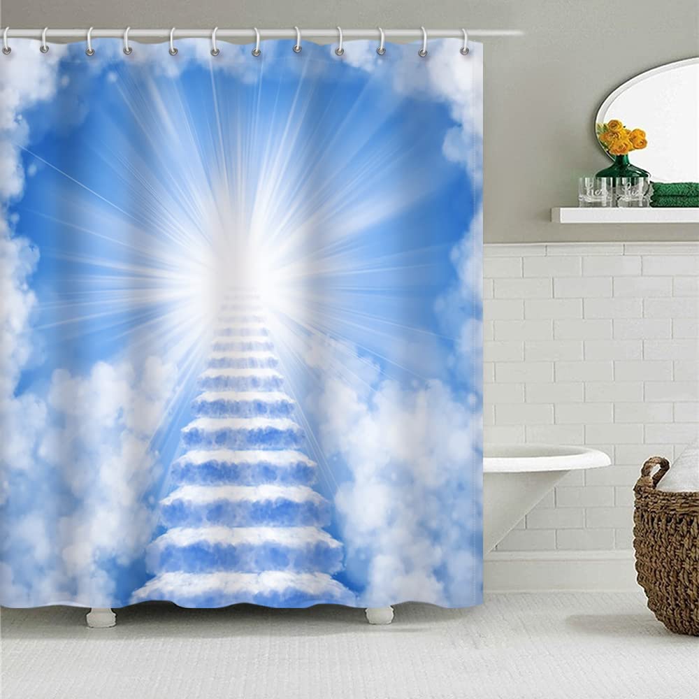 SDOTPMT 72x96inch ladder Blue Sky Sun Light Shower Curtain White Cloud Stairs to Heaven Wonderland Bath Curtain Fantasy Dreamy Bathtub Curtain for Bathroom Decor Fabric Polyester with Hooks