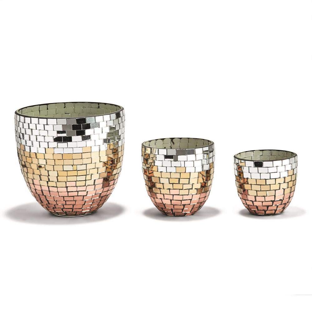Tozai Home Tri-Colored Set of 3 Mosaic Conical Glass Candleholders