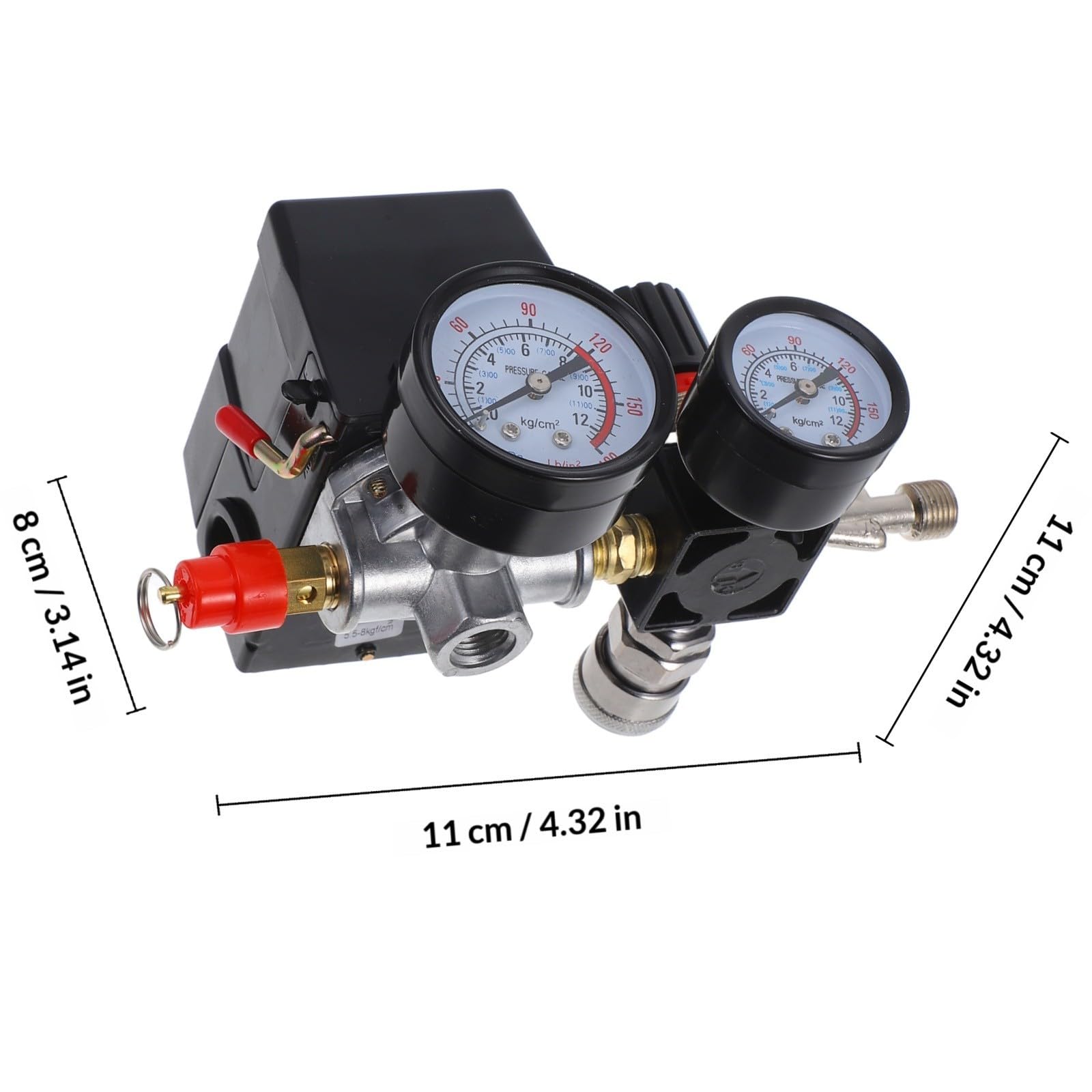 Alasum Interruptor de Control de Presión para Compresor de Aire, Regulador de Presión de Aire con Manómetro, Plástico, 4 Orificios, Manija Horizontal, 0.5-0.8mpa, para Construcción
