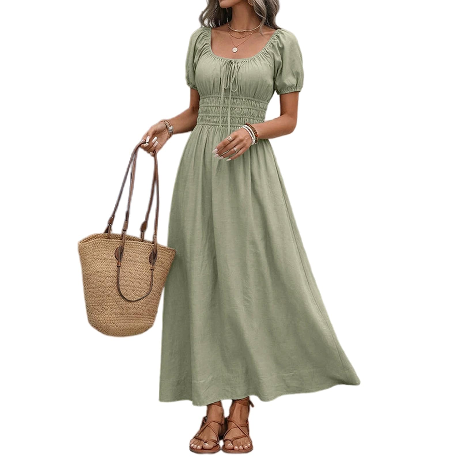 Vestito Maxi Donna, Scollo Quadrato, Maniche Sbuffo, Verde Salvia Estate