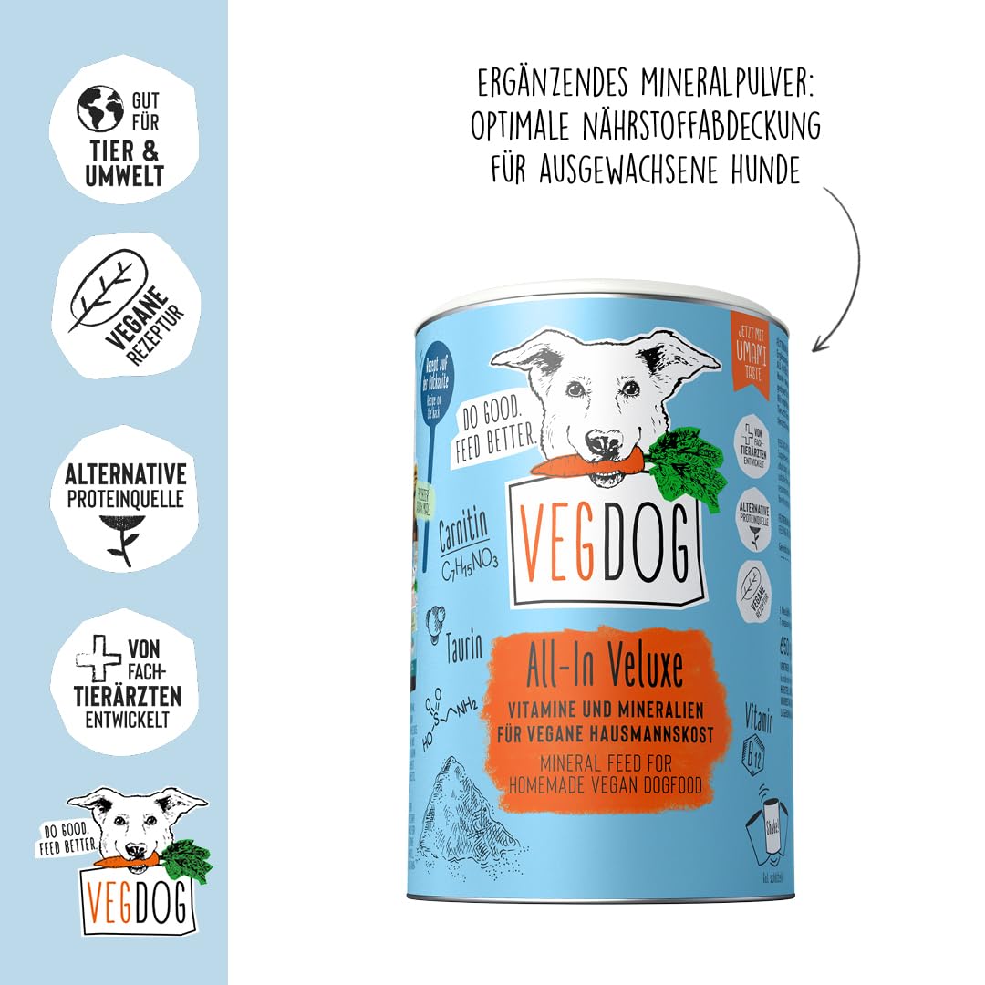 VEGDOG All-In Veluxe Polvere minerale ipoallergenica (650 g) | Da cucinare da te per cani | Integratore alimentare per chi soffre di allergie