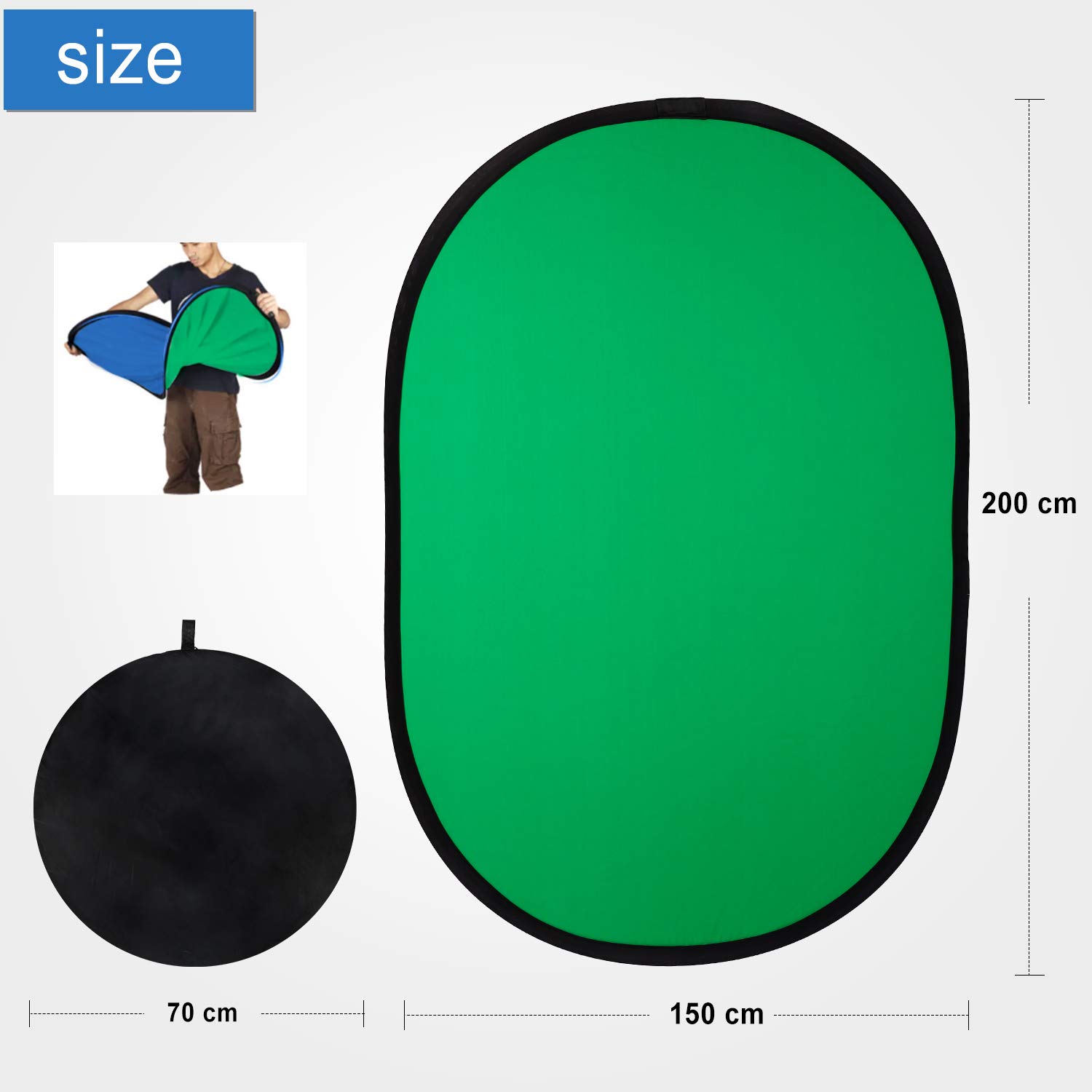 Konseen Chromakey - Fondale portatile con schermo verde, 150 x 200 cm, pieghevole, 2 in 1, per YouTube, montaggio video, riprese, 100% mussola di cotone