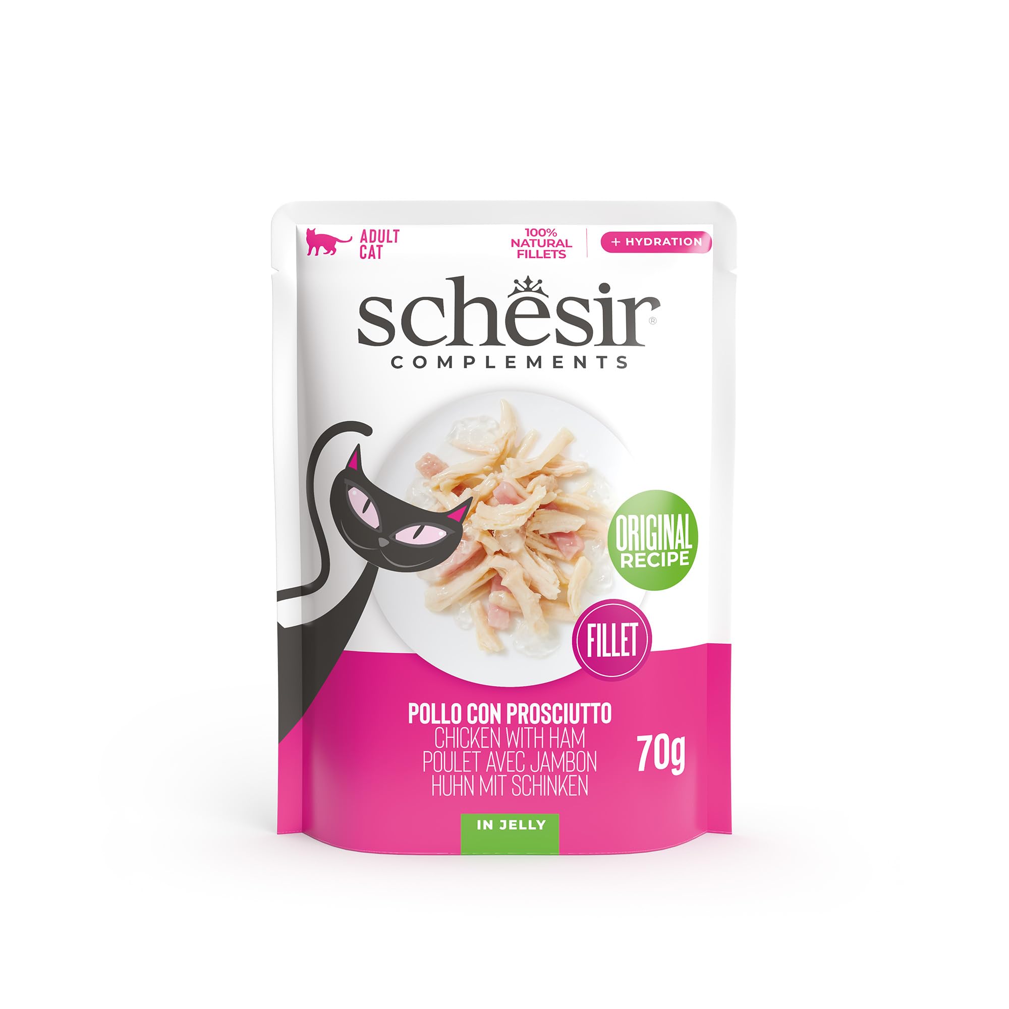 Schesir, Filetes de Pollo y Jamón en Gelatina, en Bolsas, Comida Húmeda Complementaria para Gatos, Receta Original, 100% Natural, 12 x 70g
