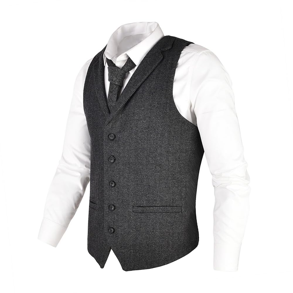 Chaleco traje Chaleco de hombre mezcla lana y tweed con espiga, chaleco vestir cuello sastre Chaleco vestir hombre(Dark Grey,L)