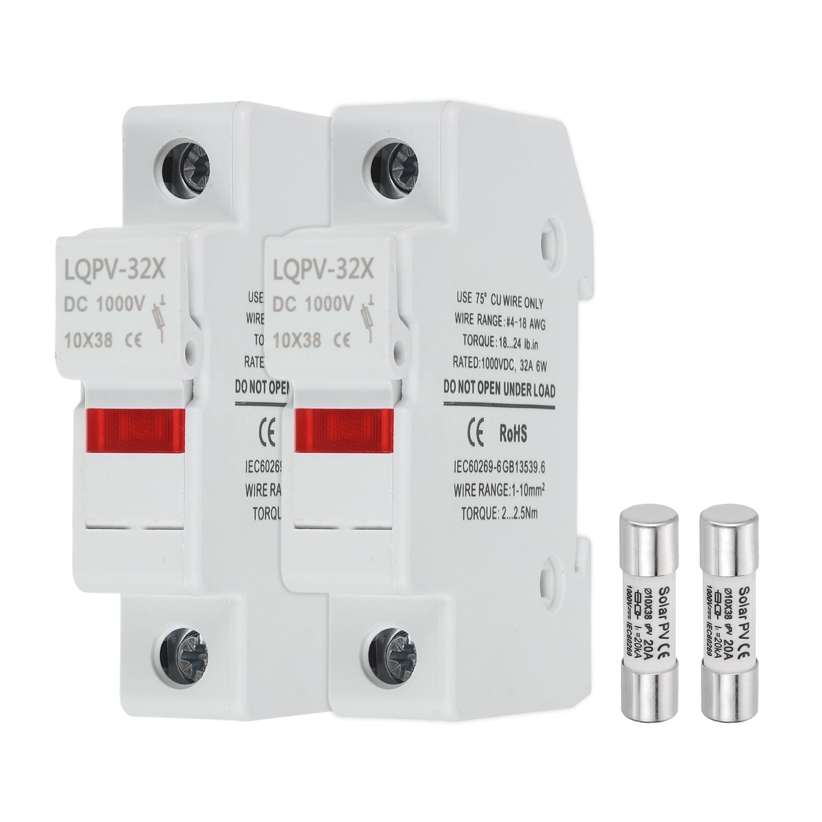 sourcing map Din Rail Fuse Holder with 1 Core Block,10x38mm 4-18AWG Single Pole Solar/Photovoltaic Fuse Holder DC 1000V 20A with Light Indicate for Solar PV Systems Battery Protect,Pack of 2