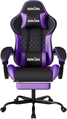 SUKIDA Gaming Chair, Ergonomic Computer Chairs with Footrest, Comfy Office Chair with Headrest, Massage Gaming Chair for Adult, Height Adjustable Pc Chair, 360° Swivel