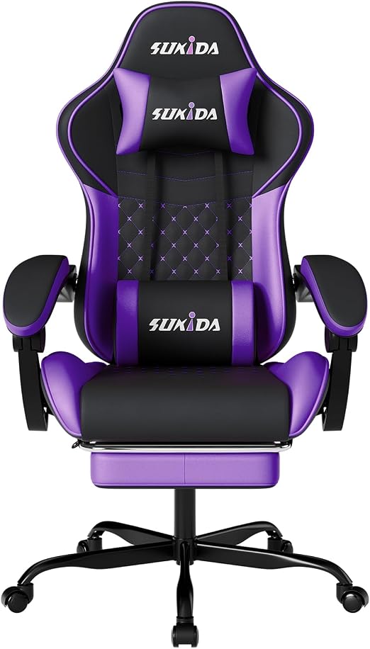 SUKIDA Gaming Chair, Ergonomic Computer Chairs with Footrest, Comfy Office Chair with Headrest, Massage Gaming Chair for Adult, Height Adjustable Pc Chair, 360° Swivel