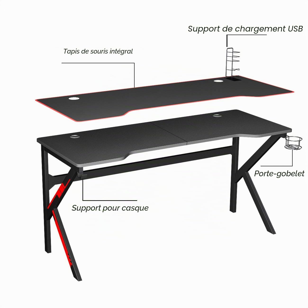 soges Bureau Gaming 160cm Informatique Ordinateur Gamer Pro Bureau de Jeu Table avec Tapis de Souris à Couverture complète Noir