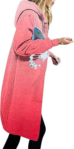 Chaqueta de manga larga con capucha y cremallera media para mujer, con estampado de mariposa, color degradado, con cordón, abrigo cálido