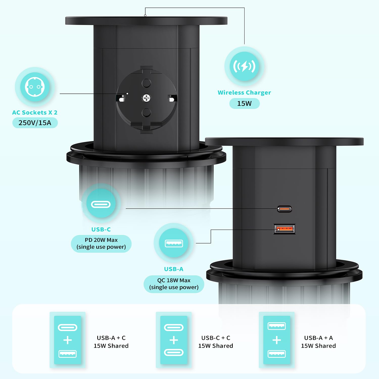 Uitschuifbaar stopcontact met 3 vakken, met draadloze oplader, inbouwstopcontact voor werkblad voor kantoor en keuken, met 1 USB-poort type A 1 USB type C-poort, met ledlicht Uitschuifbaar stopcontact met 3 vakken, met draadloze oplader, inbouwstopcontact voor werkblad voor kantoor en keuken, met 1 USB-poort type A 1 USB type C-poort, met ledlicht
