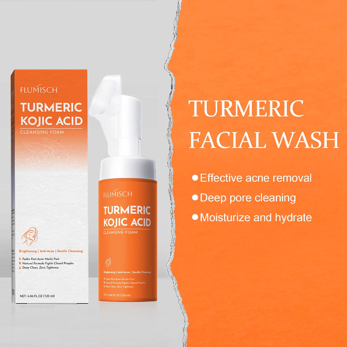 FluMisch Turmeric and Kojic Acid Facial Cleanser, Brightening Turmeric Face Wash with Soft Massage Heads - Image 2