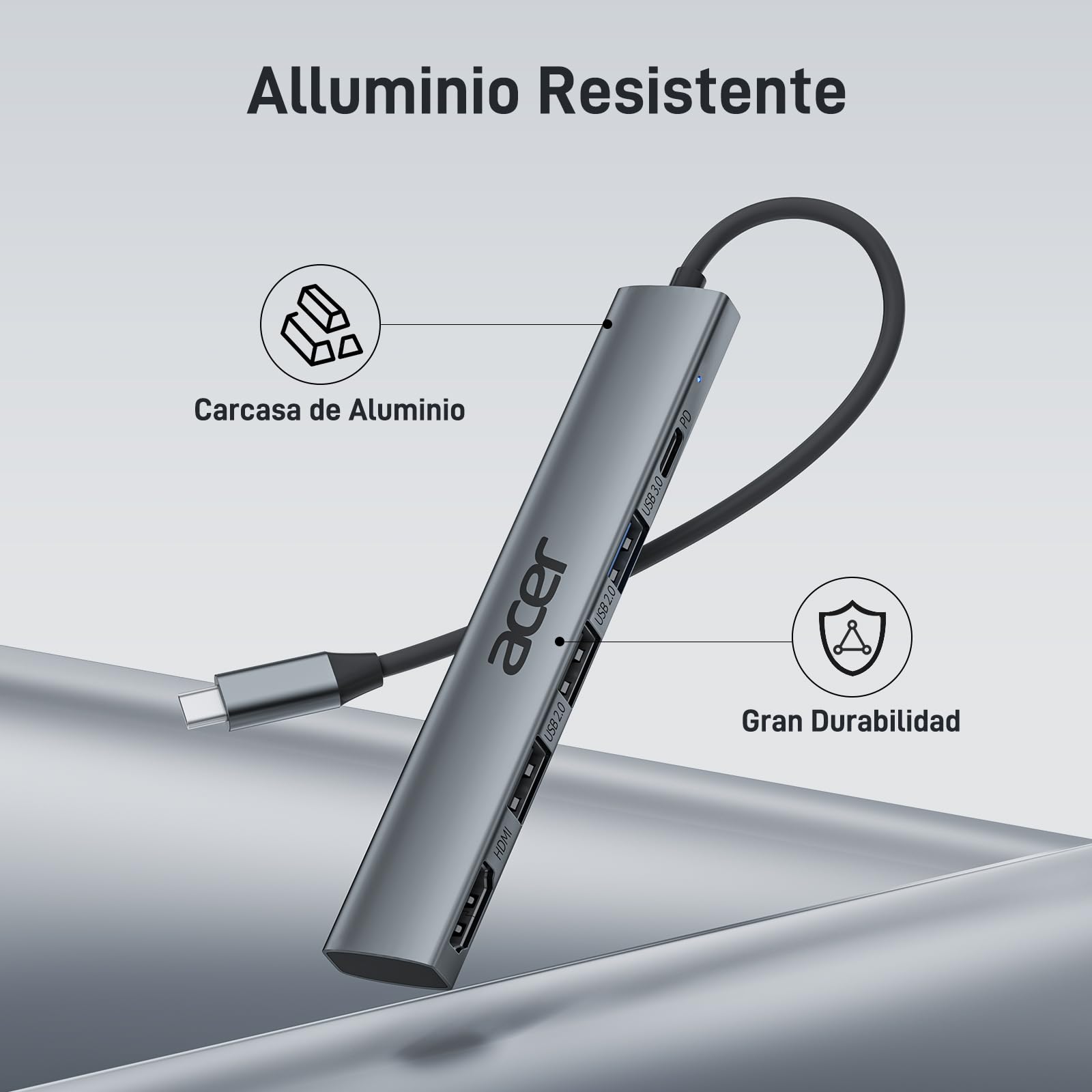 acer Hub USB C 5 en 1, Ataptador USB C a HDMI 4K, Carga PD 100W, 3X Puertos USB A, USB C Hub Multipuerto para Portátiles, PC, Tableta, MacBook Air/Pro, iPad Pro, iPhone 16 Serie