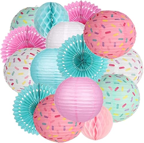 Aiminjey 15 piezas de decoración de fiesta de cumpleaños en forma de dona colgantes, faroles de papel para abanicos de papel, bola de panal de