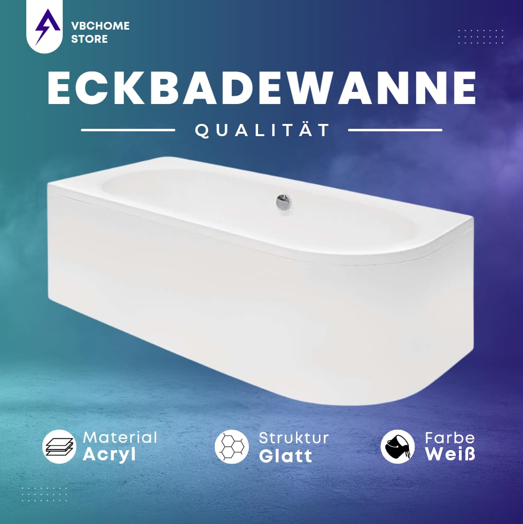 VBChome Badewanne 180x80 cm Acryl SET Schürze Siphon Wanne Ecke Eckbadewanne Weiß Design Modern Ablaufgarnitur in Chrom für 2 Personen links