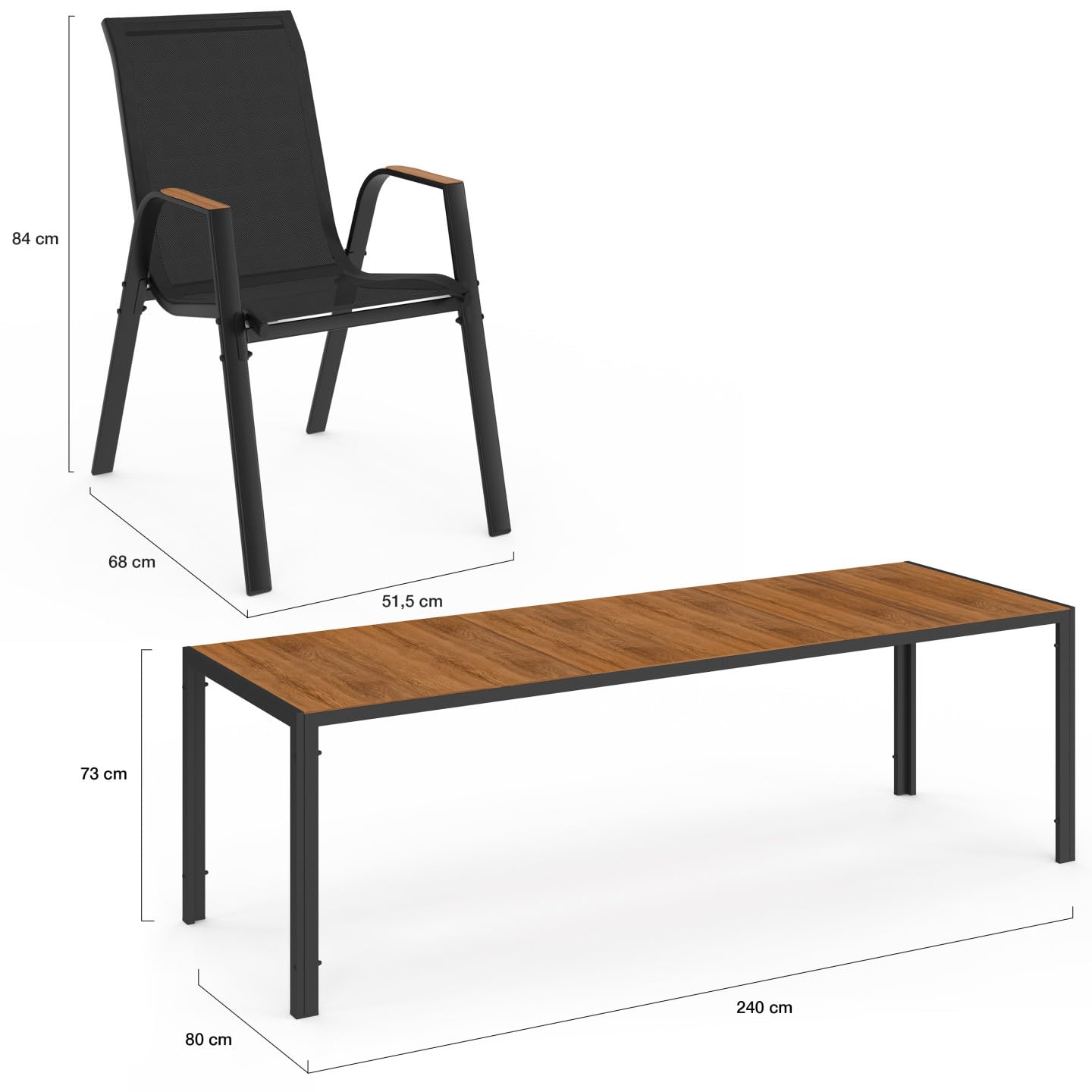 IDMarket - Salon de Jardin NOUMEA Table 240 cm Plateau Verre trempé Effet Bois et 10 chaises empilables Noir et Bois