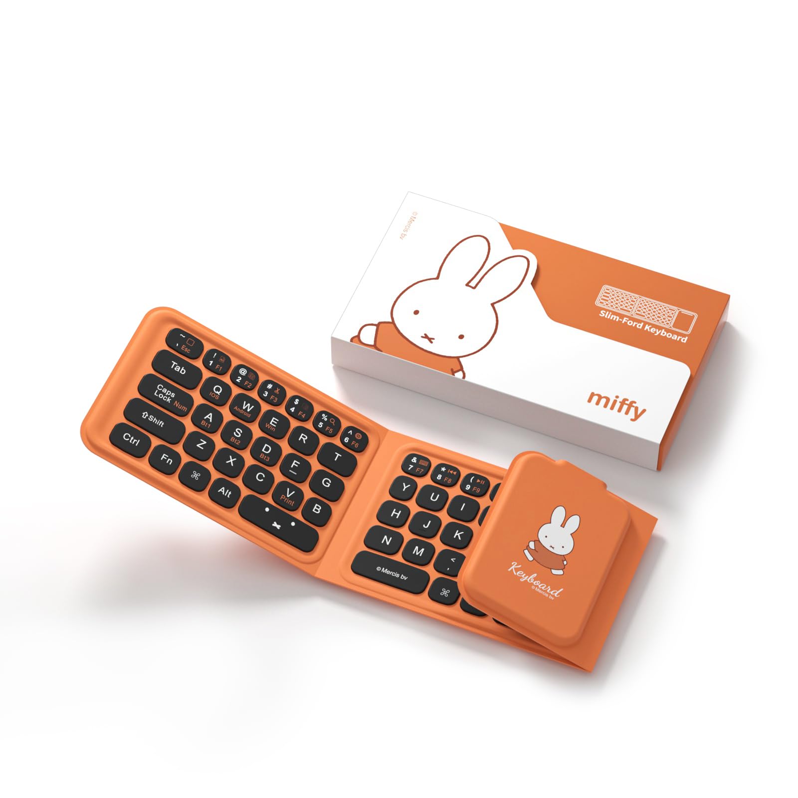 Miffy Triple-Fold Bluetooth Keyboard - Magnetic Fold Design with Integrated Touchpad & Numeric Keypad, Bluetooth 5.0 (3 Devices), Rechargeable 5.6mm Slim, Premium Leather - Orange