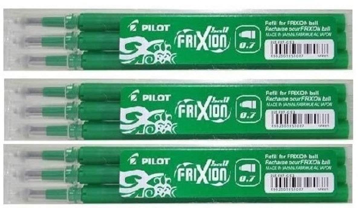 Frixion Pilots Pen Refills, Erasable 0.7mm Round Tip, Green Ink, Pack of 9