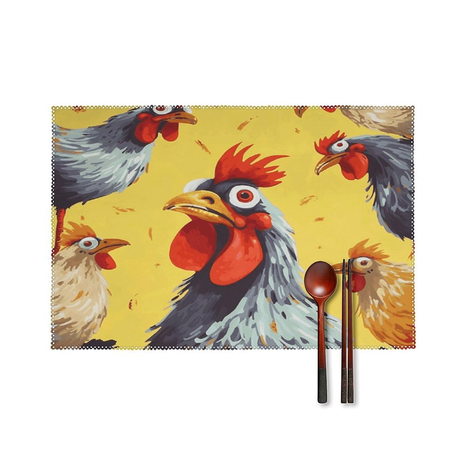 Art Chicken Painting Placemats Set of 6 Washable Heat Resistant Non-Slip Place Mats Easy Clean Table Protective Placemats Farmhouse Decorate Dining Table Mat for Kitchen 12X18In