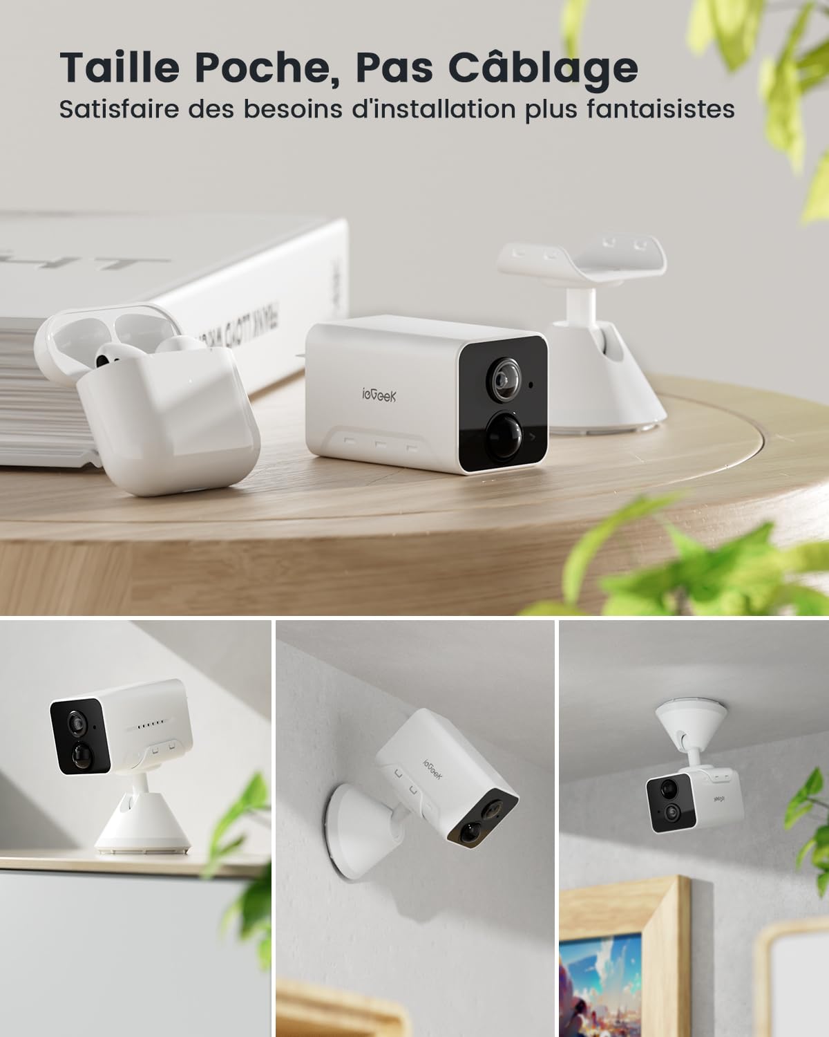 IeGeek 2K Caméra Surveillance WiFi Intérieur Sans Fil - Batterie 120 Jours, AI PIR, Vision Nocturne, Audio Bidirectionnel