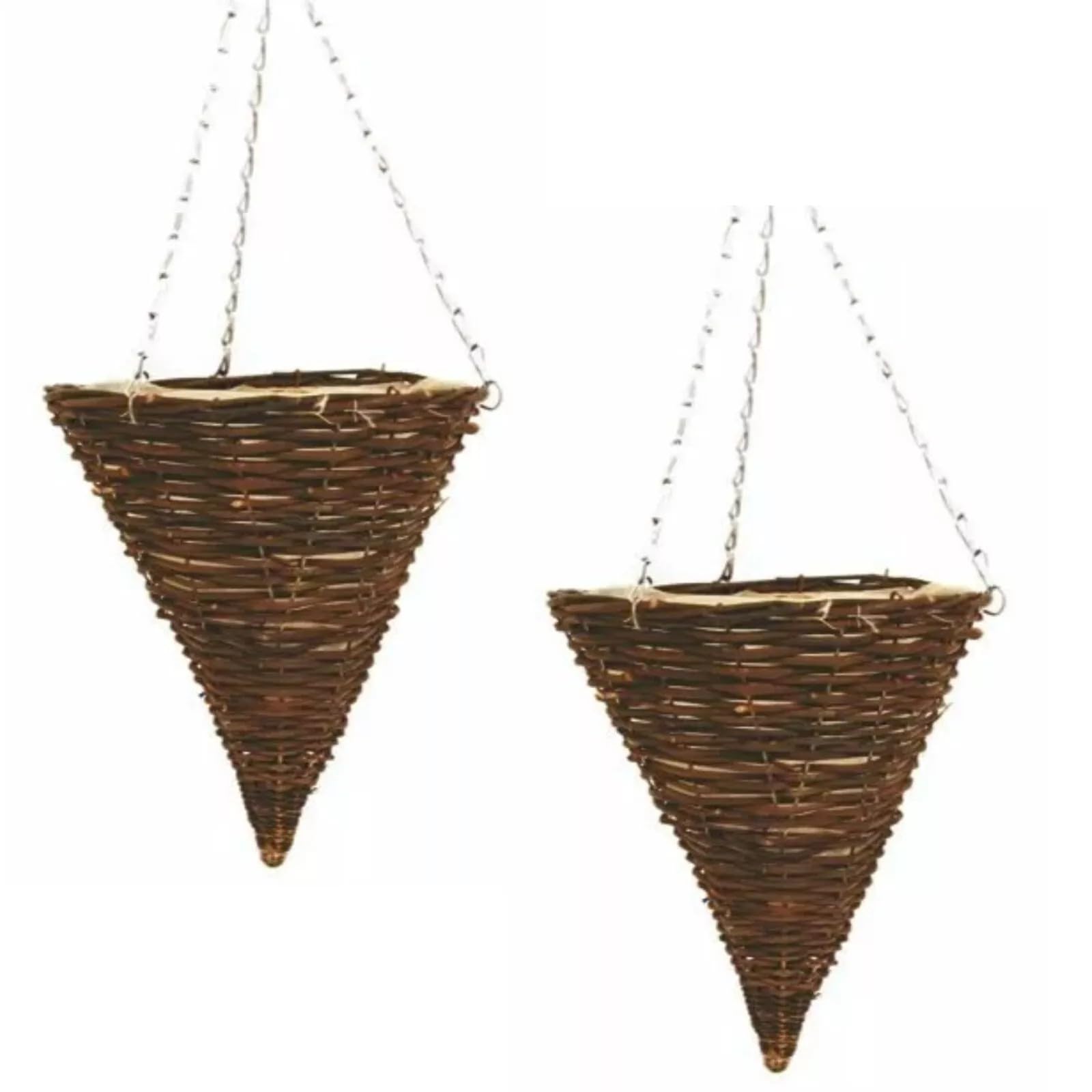 Fyne-Finds Brown Set Of 2 Cone Dark Wicker Hanging Baskets 36Cm, 14Inch Lined Rattan Willow Planter With Chains