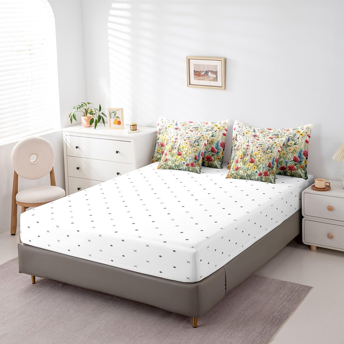 7 Piece Floral Bed in a Bag King Size Nature Botanical Sheet Set for Boys Girls Spring Daisy Print Bedding with Comforter Wildflowers Leaves Plant Print Cushion Covers Butterfly Decor Fitted Sheet 4