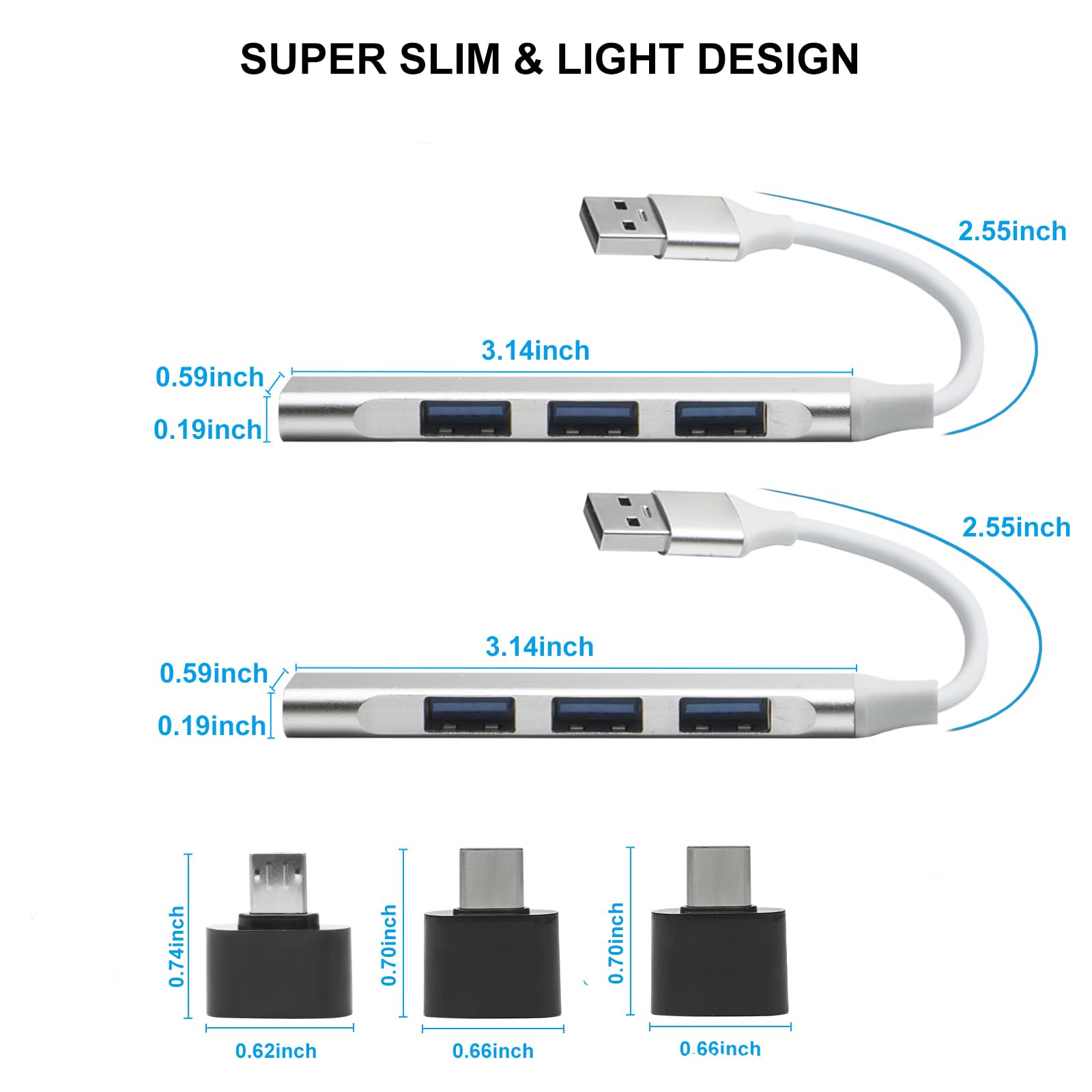 Hub USB 3.0, répartiteur USB A à 4 ports ultra fin pour souris, clavier, clé USB, disque U, imprimante, compatible avec ordinateur portable, PC de bureau, Xbox, PS5, et plus encore, avec un adaptateur