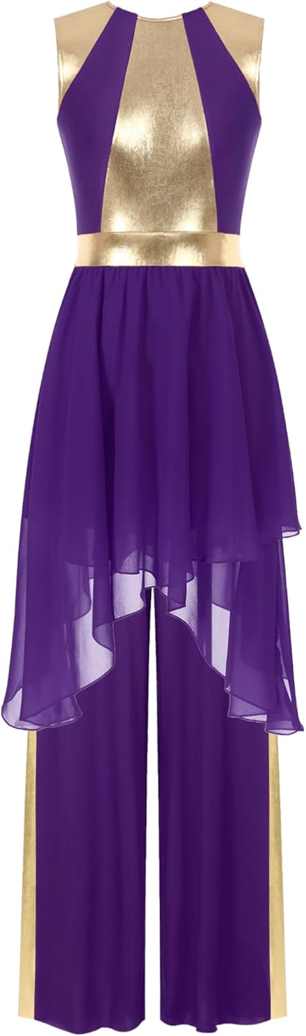 easyforever Women's 2 Piece Lyrical Dance Costumes Sleeveless Praise Dance Dress with Wide-Leg Pants