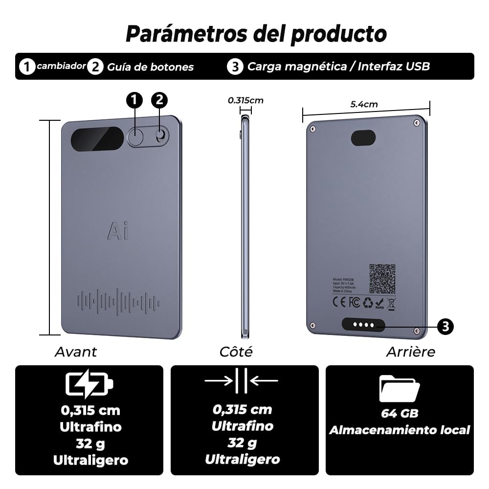 Grabadora de Voz espia con Estuche Negro, Transcribir y resumir usando IA , Soporte para Múltiples Ldiomas, Control de Aplicaciones, Almacenamiento de 64 GB, Adecuada para Curso（5.4*8.5*0.1）