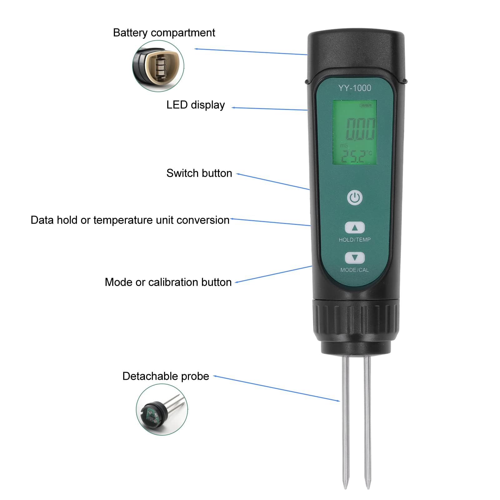Probador Digital de Suelo 3 en 1 EC Medidor de Temperatura Y Humedad Medidor de PH del Suelo Higrómetro de Suelo Monitor de Humedad Medidor de Prueba de Suelo