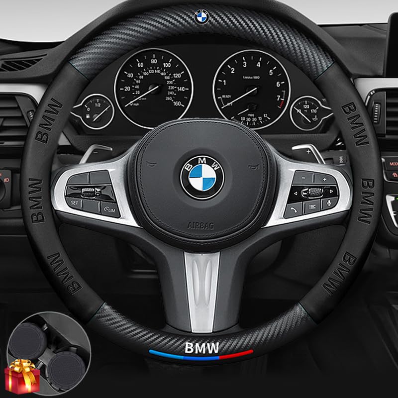 Steering Wheel Cover Compatible with BMW, Nappa Leather&Carbon Fiber Texture Steering Wheel Cover, 14.5-15 Inch Diameter with 2 Coasters and USB Fast Charging Cable (Black)