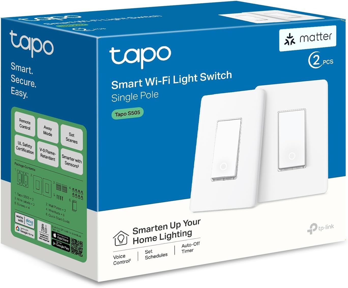 TP-Link Tapo Matter Smart Light Switch: Voice Control w/Siri, Alexa & Google Home | UL Certified | Timer & Schedule | Easy Guided Install | Neutral Wire Required | Single Pole | Tapo S505(2-Pack)