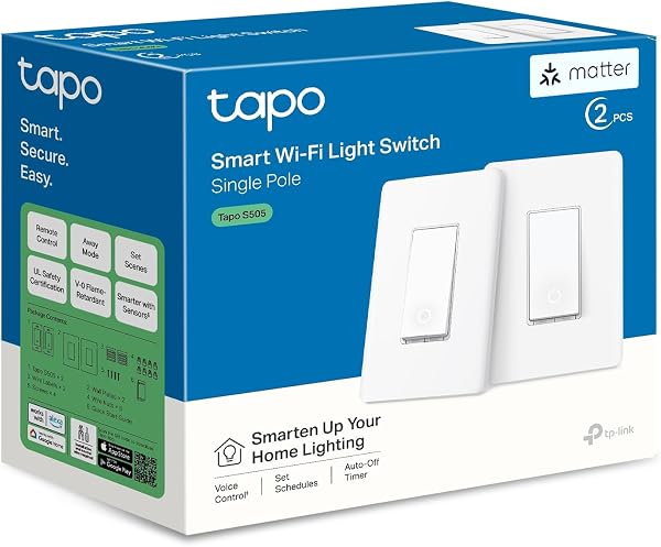 TP-Link Tapo Matter Smart Light Switch: Voice Control w/Siri, Alexa & Google Home | UL Certified | Timer & Schedule | Easy Guided Install | Neutral Wire Required | Single Pole | Tapo S505(2-Pack), Single Pole, 2-Pack