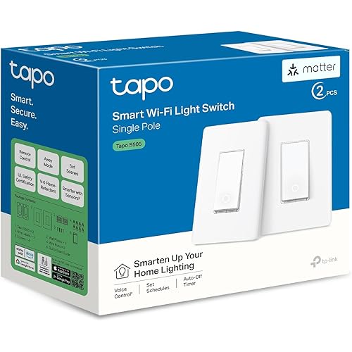 TP-Link Tapo Matter Smart Light Switch: Voice Control w/Siri, Alexa & Google Home | UL Certified | Timer & Schedule | Easy Guided Install | Neutral Wire Required | Single Pole | Tapo S505(2-Pack)