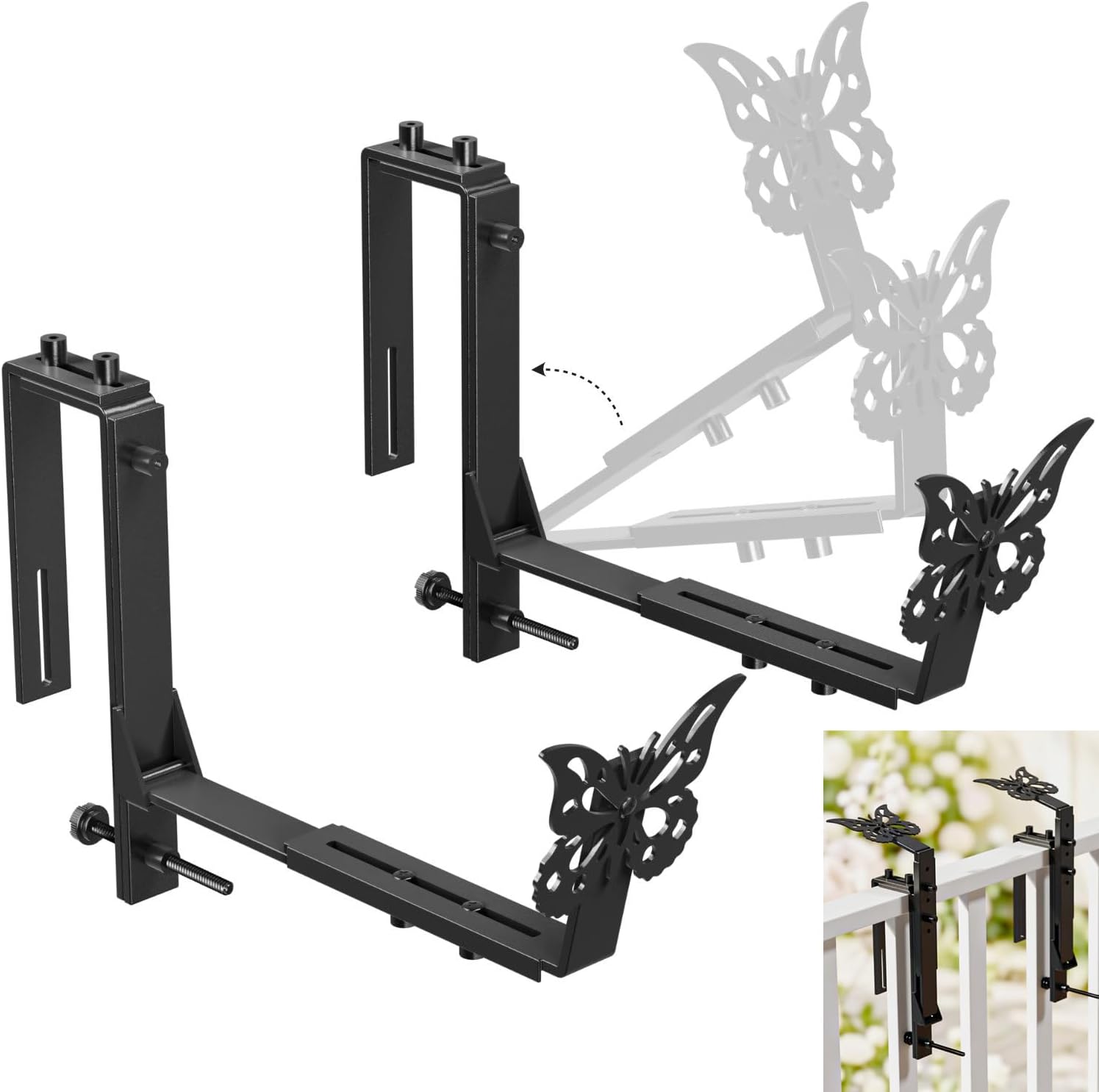 HFHOME Window Box Brackets, Adjustable Planter Box Brackets, Heavy Duty Flower Railing Planter Bracket for Balcony, with Enhanced Bottom Support, Perfect for Deck, Fence and Garden - Black (6 Pack)