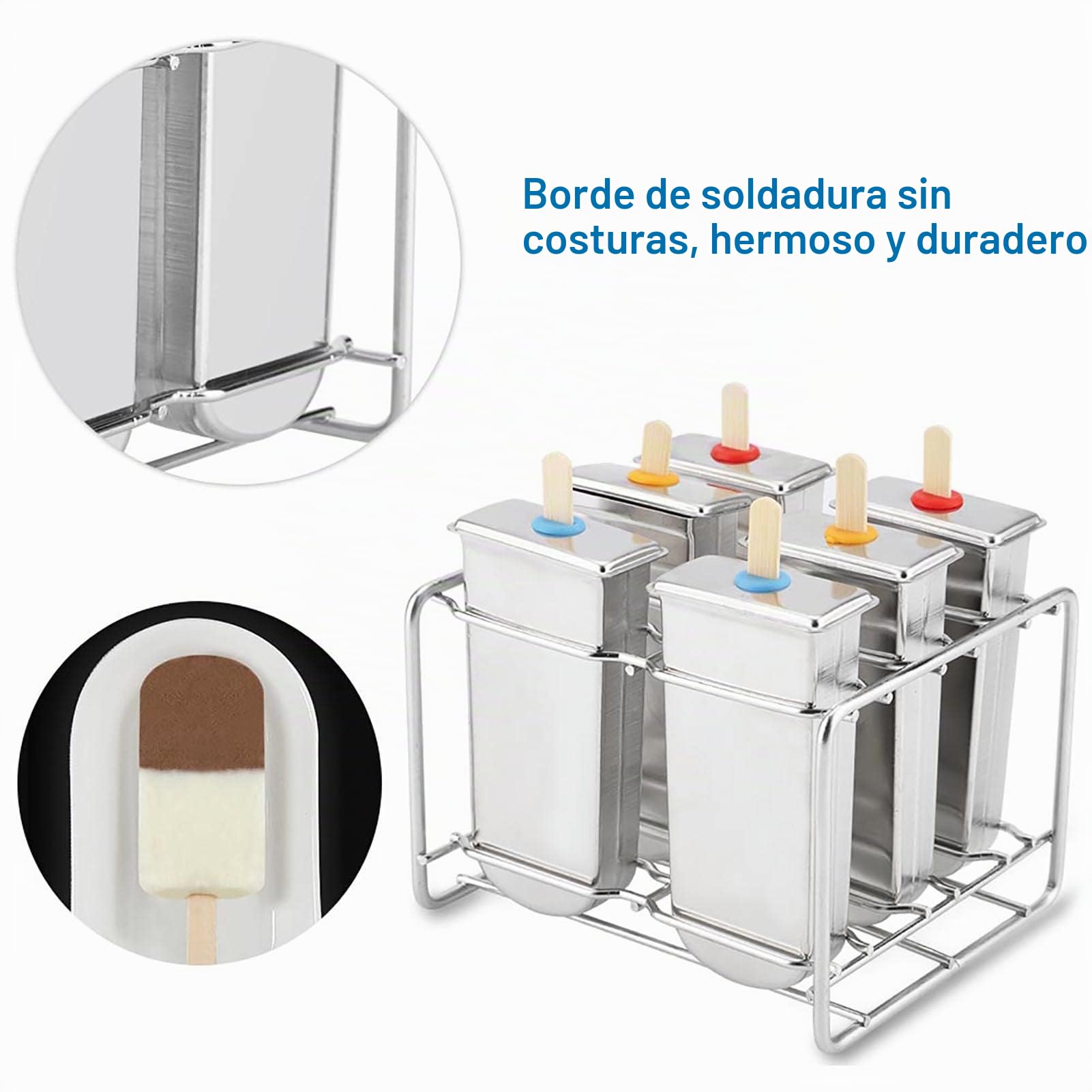 Molde para helados, molde para polos de acero inoxidable con base de apoyo, 6 moldes de punta redonda reutilizables, con 50 palitos de helado, 20 bolsas de helado, 1 pincel | Incluye base de apoyo, 50 palitos, 20 bolsas y 1 pincel, juego reutilizable para