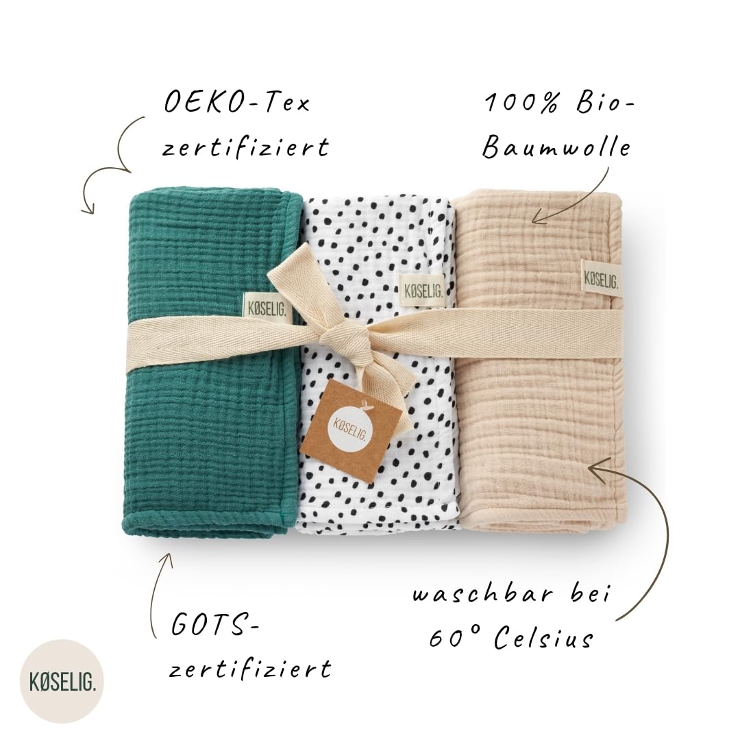 Premium Musselintücher 80x80 cm | 100% Bio-Baumwolle | Geschenk zur Geburt: Babydecken, Spucktücher extra weich & saugstark | 60°C Wäsche | 3er Set Mulltücher